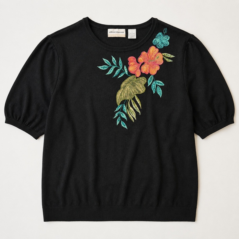 Vintage‎ Black Tropical Floral Embroidered Knit Top 2X Beads Cottage Plus Size